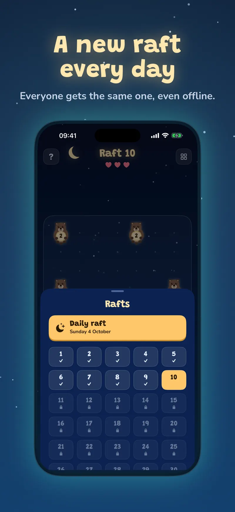 The Rafts sheet with the daily raft at the top, under the headline “A new raft every day”.